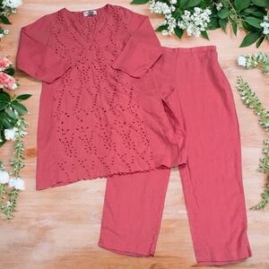 Bloomingdale's Blush Pink Eyelet Detail Tunic Top Pant Set 100% Linen Size M/8